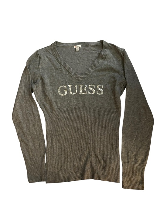 Guess Sweaters - GUESS Charcoal Gray V-Neck Logo Sweater